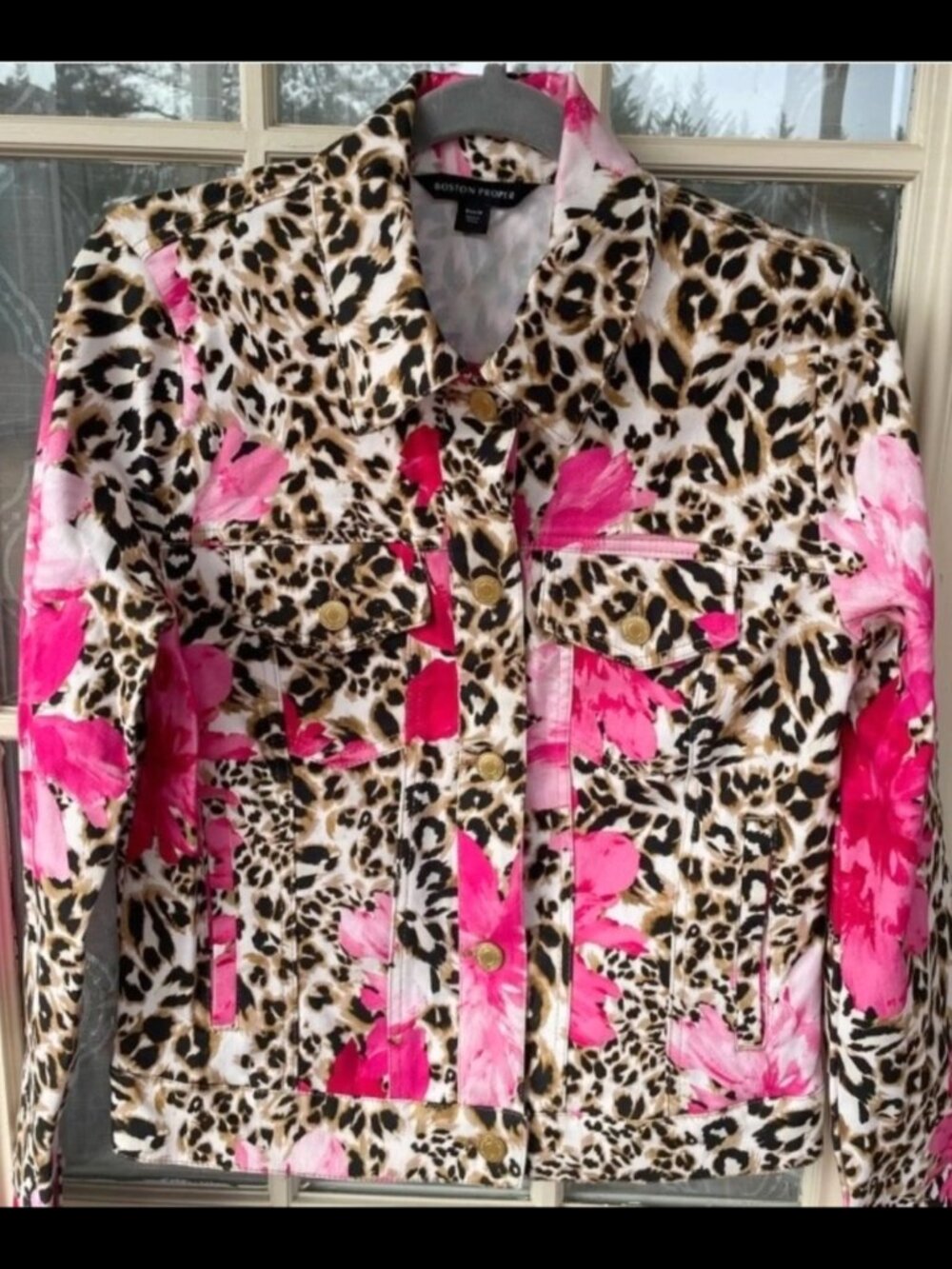 Boston Proper Leopard Floral Jacket | Pink & Animal Print | Size M